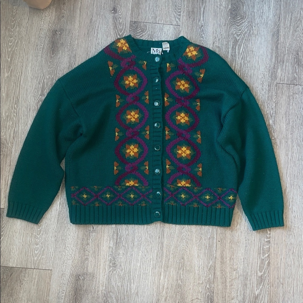 Vintage MS Russ Green Patterned Women's Sweater cardigan wool 3x